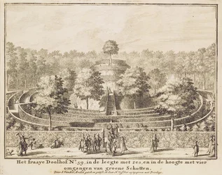 Topiary maze with four exits and a central mound, engraved by Johannes Van den Aveele